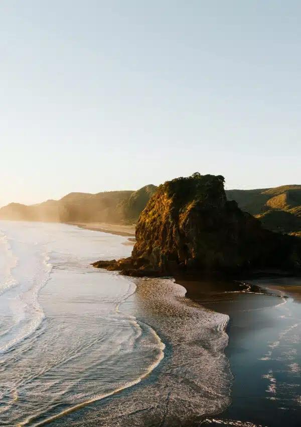 A view of the black-sand Piha beach, with rugged cliffs stretching to the distance