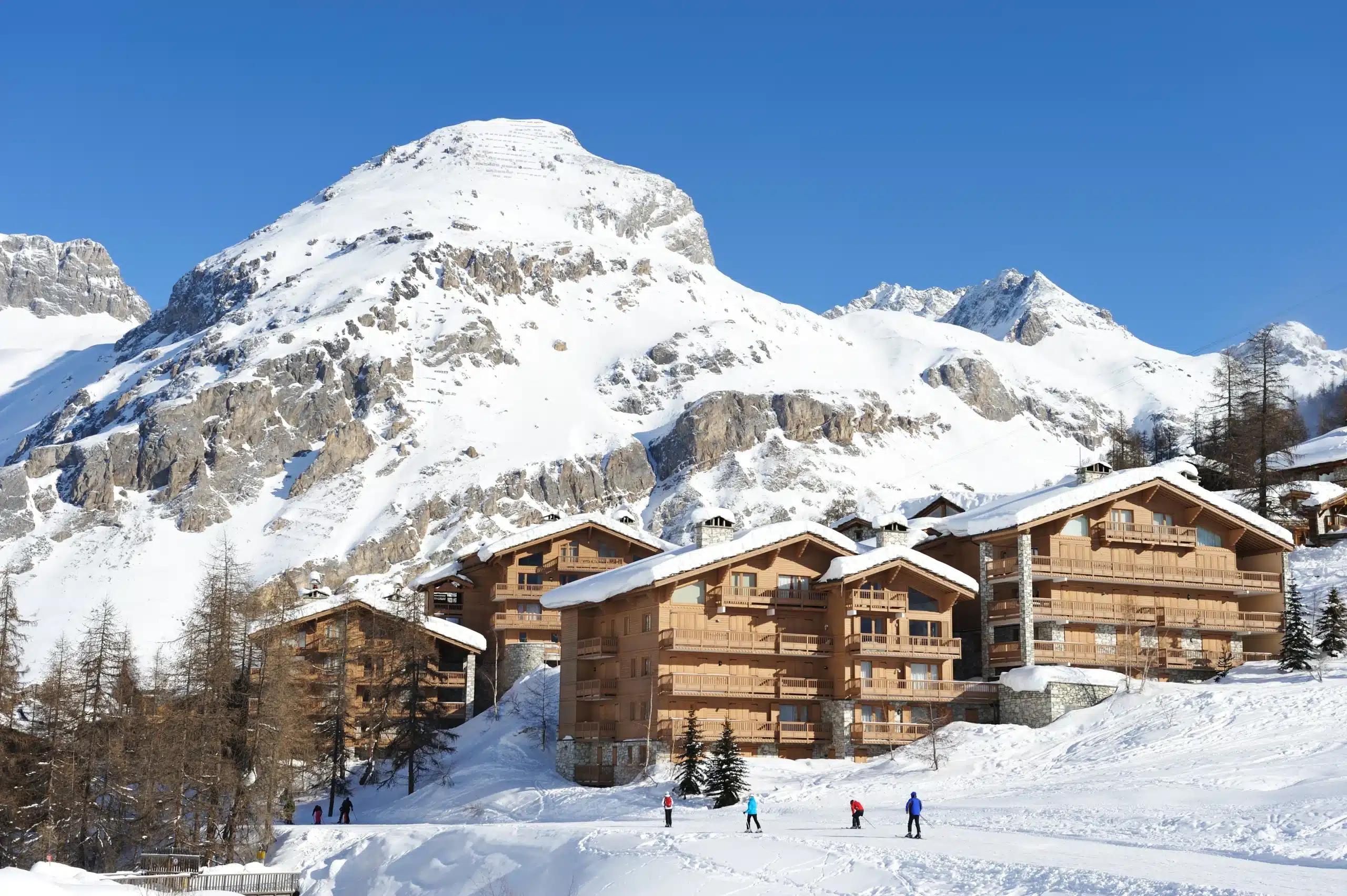 Snow-covered chalets and mountains in Val-d’Isère