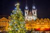Christmas Tree and Tyn Church in Prague's Old Town Square at Night