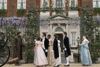 Bridgerton characters assembled outside Ranger’s House, Greenwich, London, which stands in for their home on the show