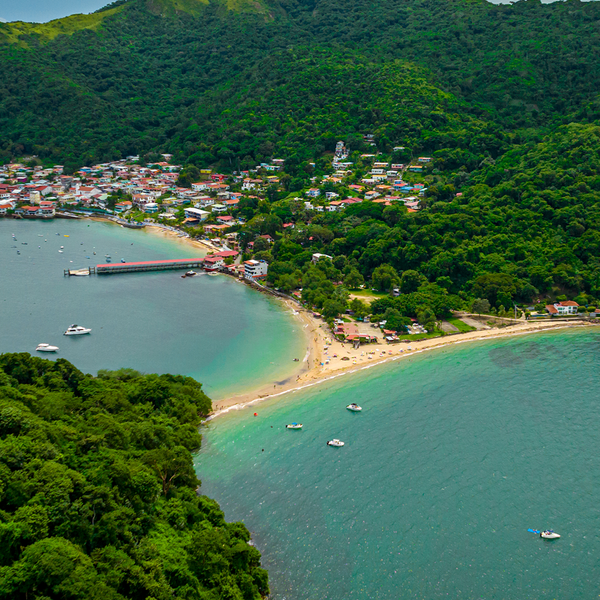 Aerial image of Taboga Island with a beach and wharf