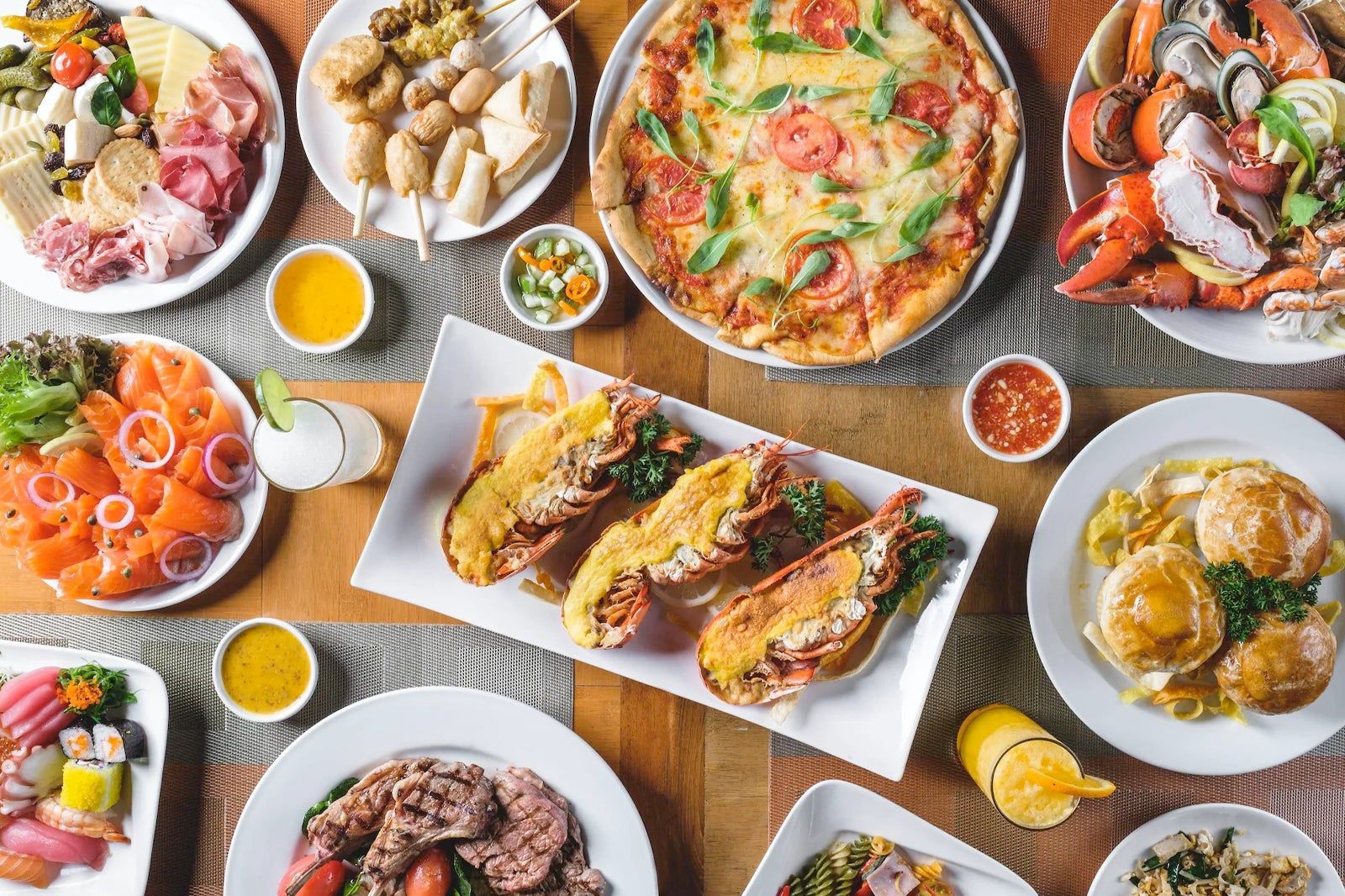 A selection of different plates from a buffet