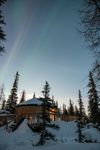 A dramatic starry sky with delicately coloured aurora over a cabin in the woods, Manitoba