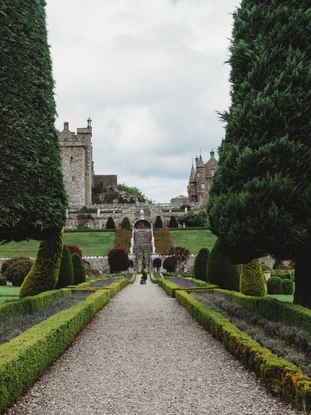 A garden path outside Drummond Castle lined with trees and shrubs