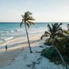 View of Playa del Carmen in Mexico, with blue seas, palm trees and a person walking on the sand in silhouette