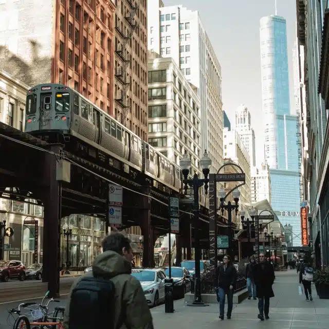 The L Train passes through the city on an elevated track in Chicago, Illinois