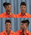 A quartet of passport-style pictures of Oneika Raymond smiling and posing for the camera