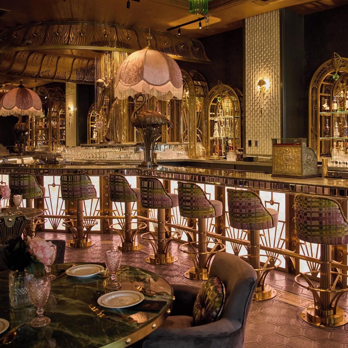 The gilded, art-deco bar area at Flamingo Las Vegas Hotel and Casino in Las Vegas, Nevada