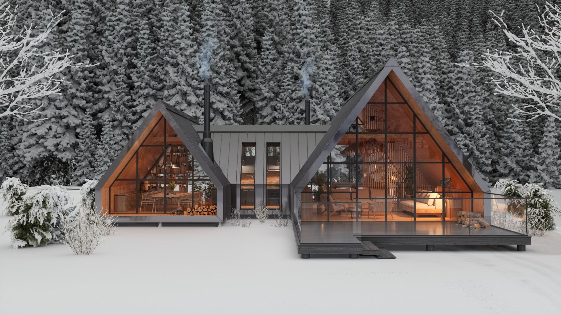 A-frame cabin with glass walls in a snowy forest, showcased by Vrbo as an ideal vacation rental for a serene mountain getaway. 