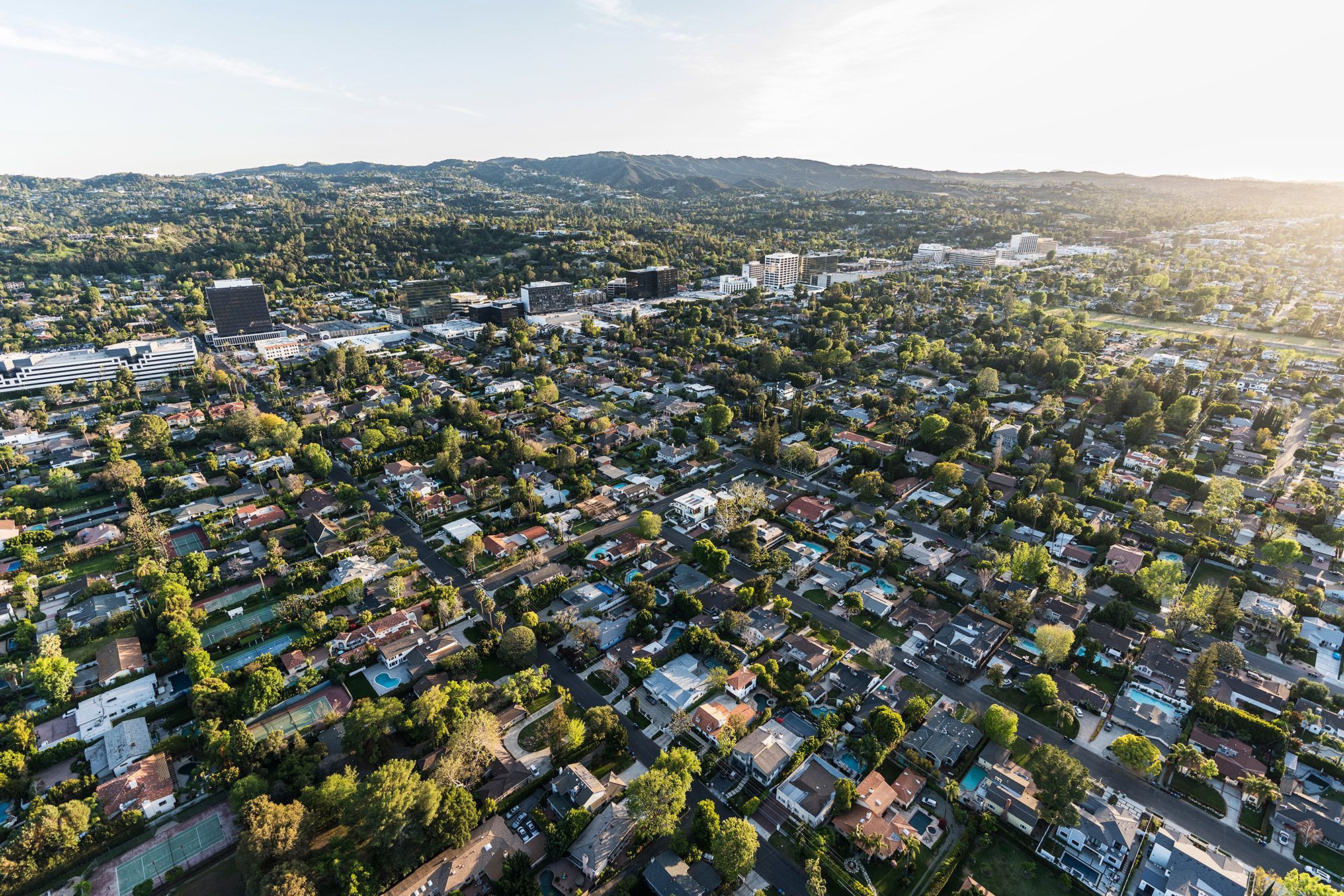 Aerial view of houses and streets of Sherman Oaks, Los Angeles.