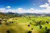 Aerial photo of green pastures dotted with trees and mountains in the distance.