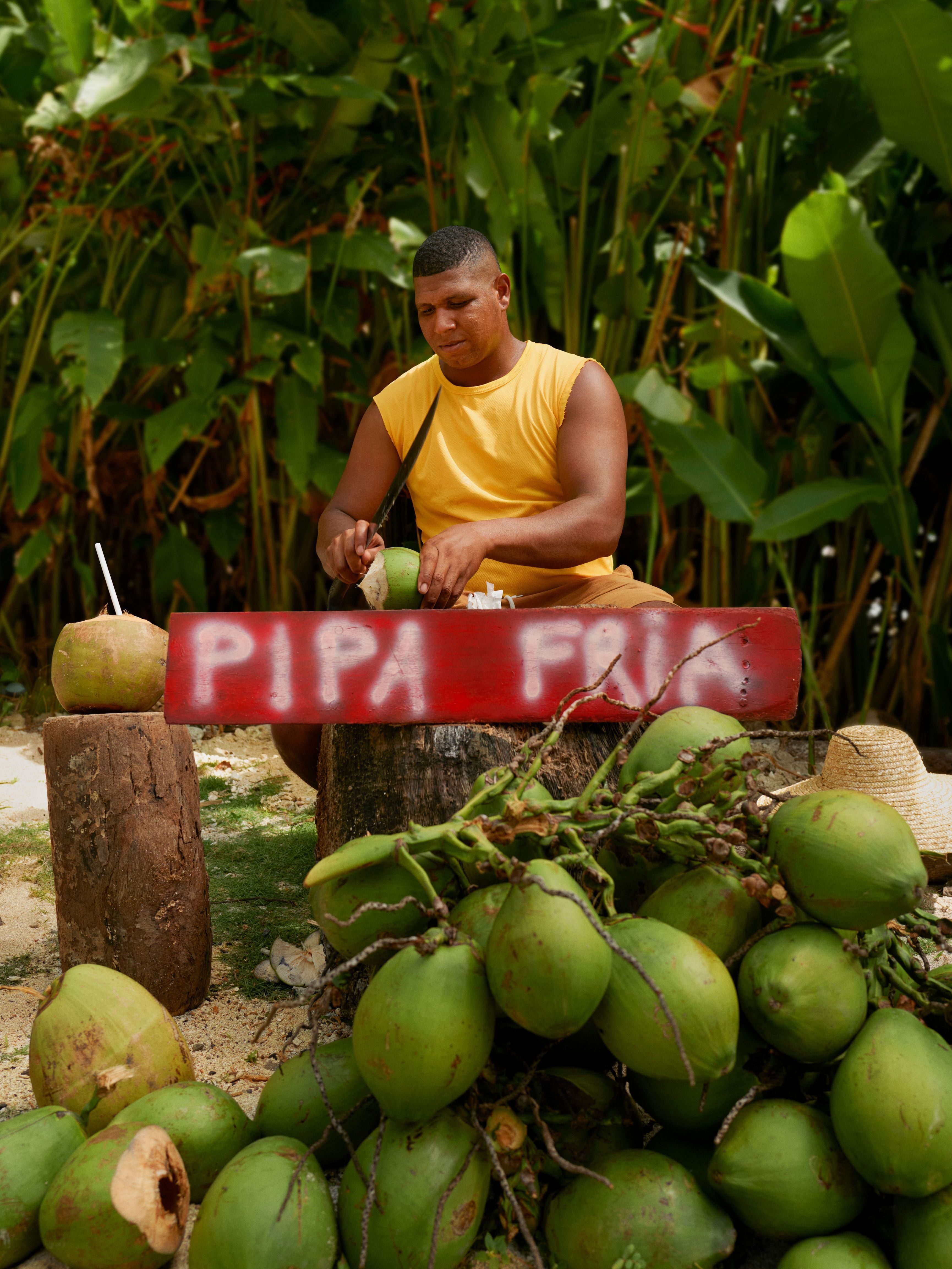 A man in a yellow vest cuts coconuts behind a homemade sign reading "Pipa Fria" (coconut water), in Panama