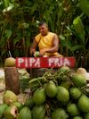 A man in a yellow vest cuts coconuts behind a homemade sign reading "Pipa Fria" (coconut water), in Panama