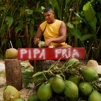 A man in a yellow vest cuts coconuts behind a homemade sign reading "Pipa Fria" (coconut water), in Panama
