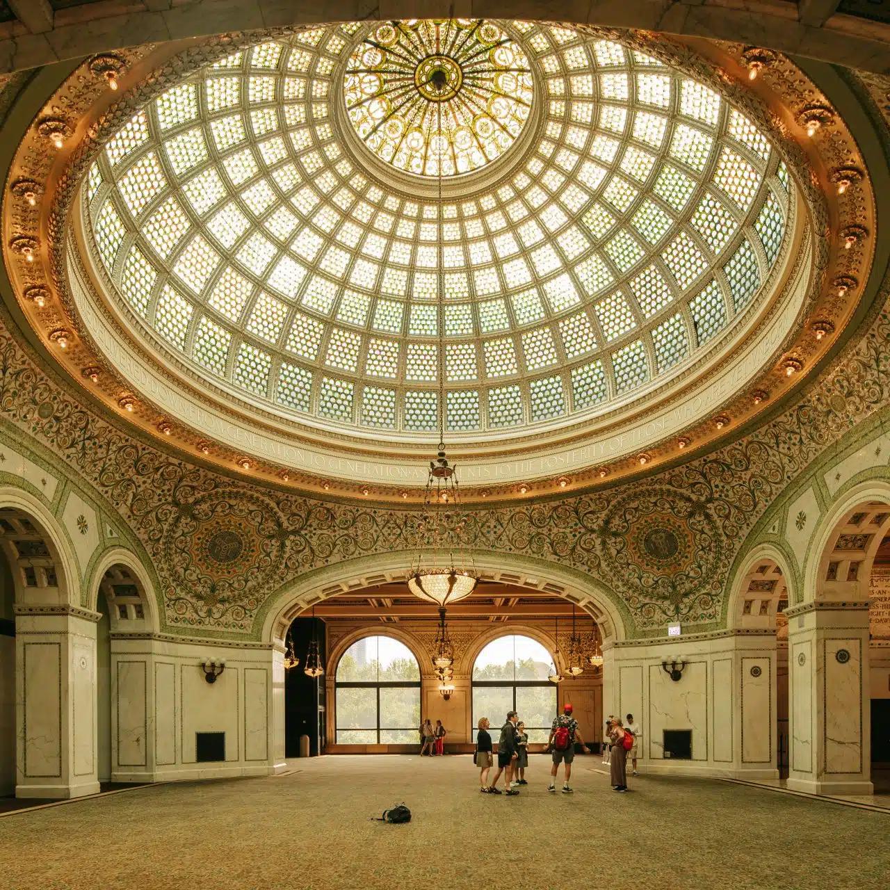 The ornate Tiffany dome ceiling at the Cultural Center in Chicago, Illinois