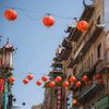 Chinese lanterns hanging across a street in San Francisco as part of the Lunar New Year celebrations