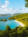 Turquoise waters meet the white-sand beach with lush forest beyond at Trunk Bay on the US Virgin Islands