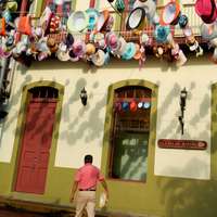 Colorful hats hanging on line over a street in Casco Antiguo, the old city center, Panama City