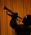 A trumpeter silhouetted against an orange curtain