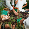 A hand reaches into a basket of grapes at a market selling fresh fruit and produce