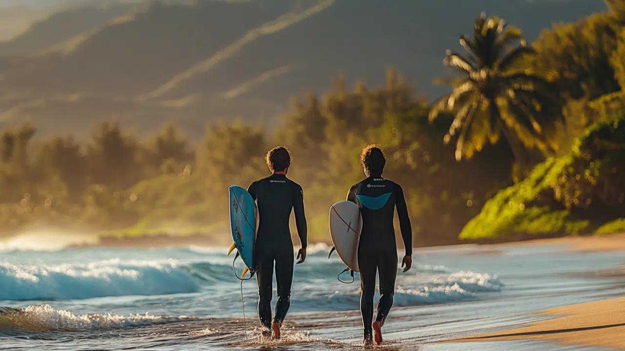 Surfers on a beach in Maui