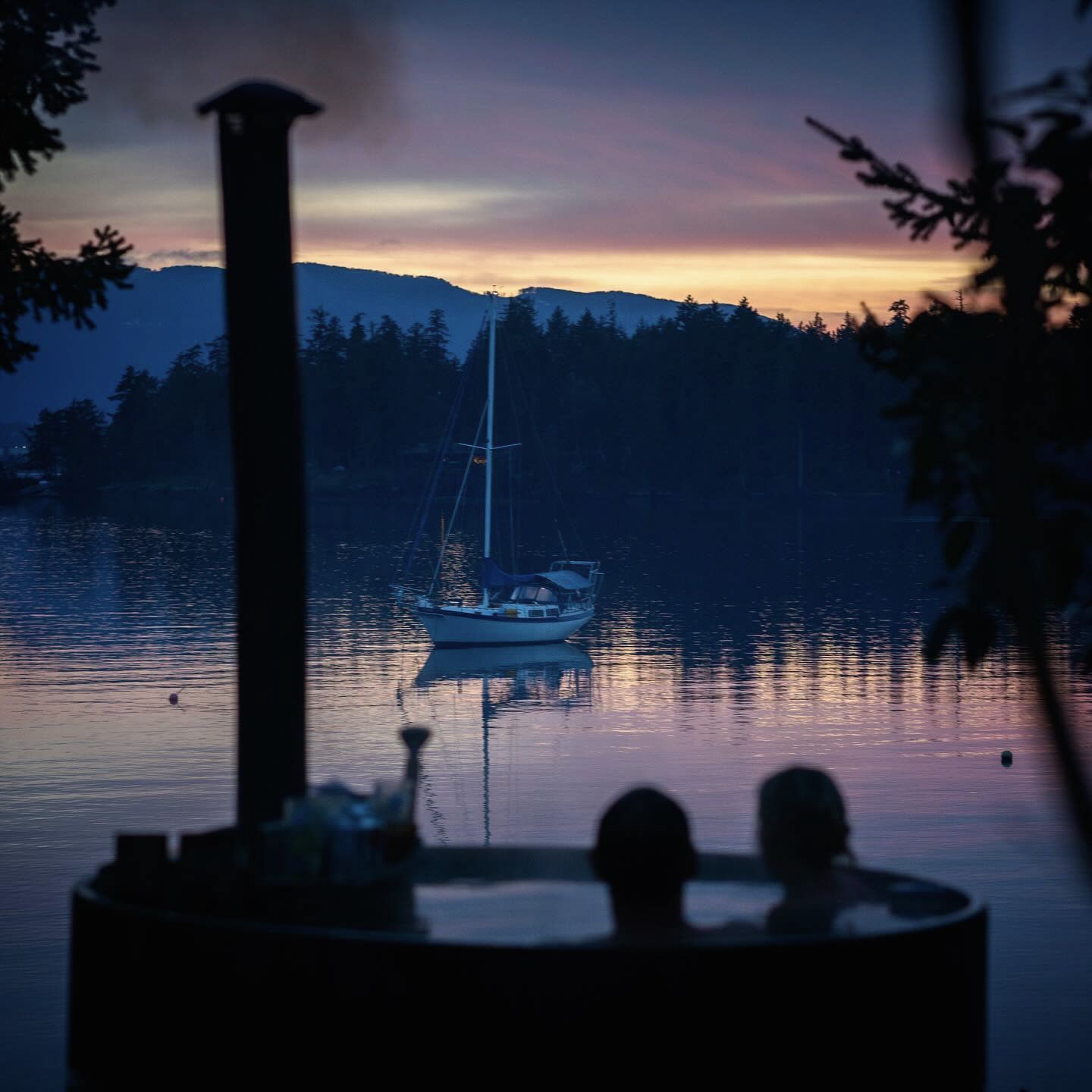 A boat on the water at dusk with evergreen trees in the background