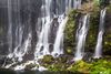 Thin white waterfalls flowing from a rocky ledge surrounded by dense green foliage and trees in a forested area.