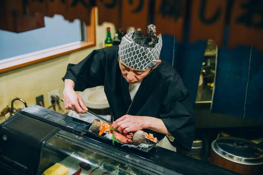A sushi chef hard at work in Tokyo, Japan