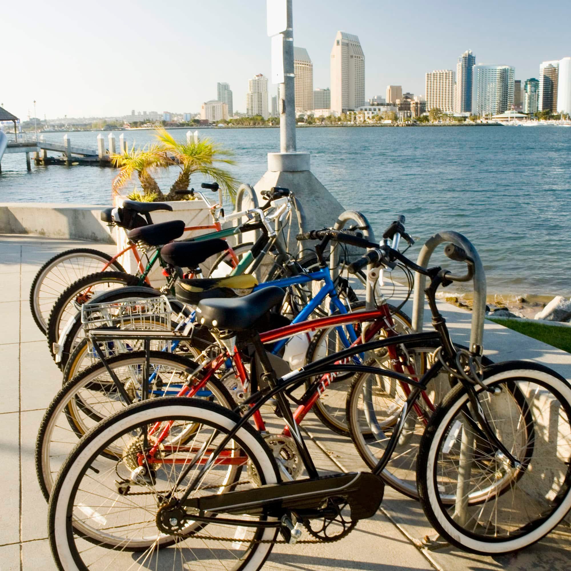 Bikes parked with a view of San Diego beyond