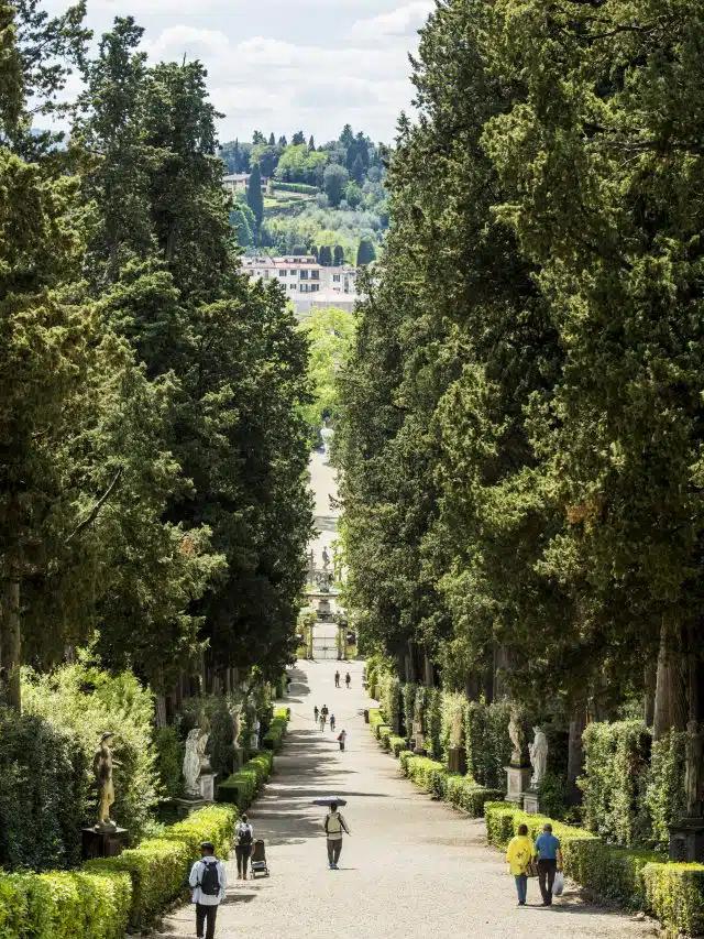 People walk along the lush tree-lined pathway through Boboli Gardens in Florence, Italy