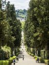 People walk along the lush tree-lined pathway through Boboli Gardens in Florence, Italy