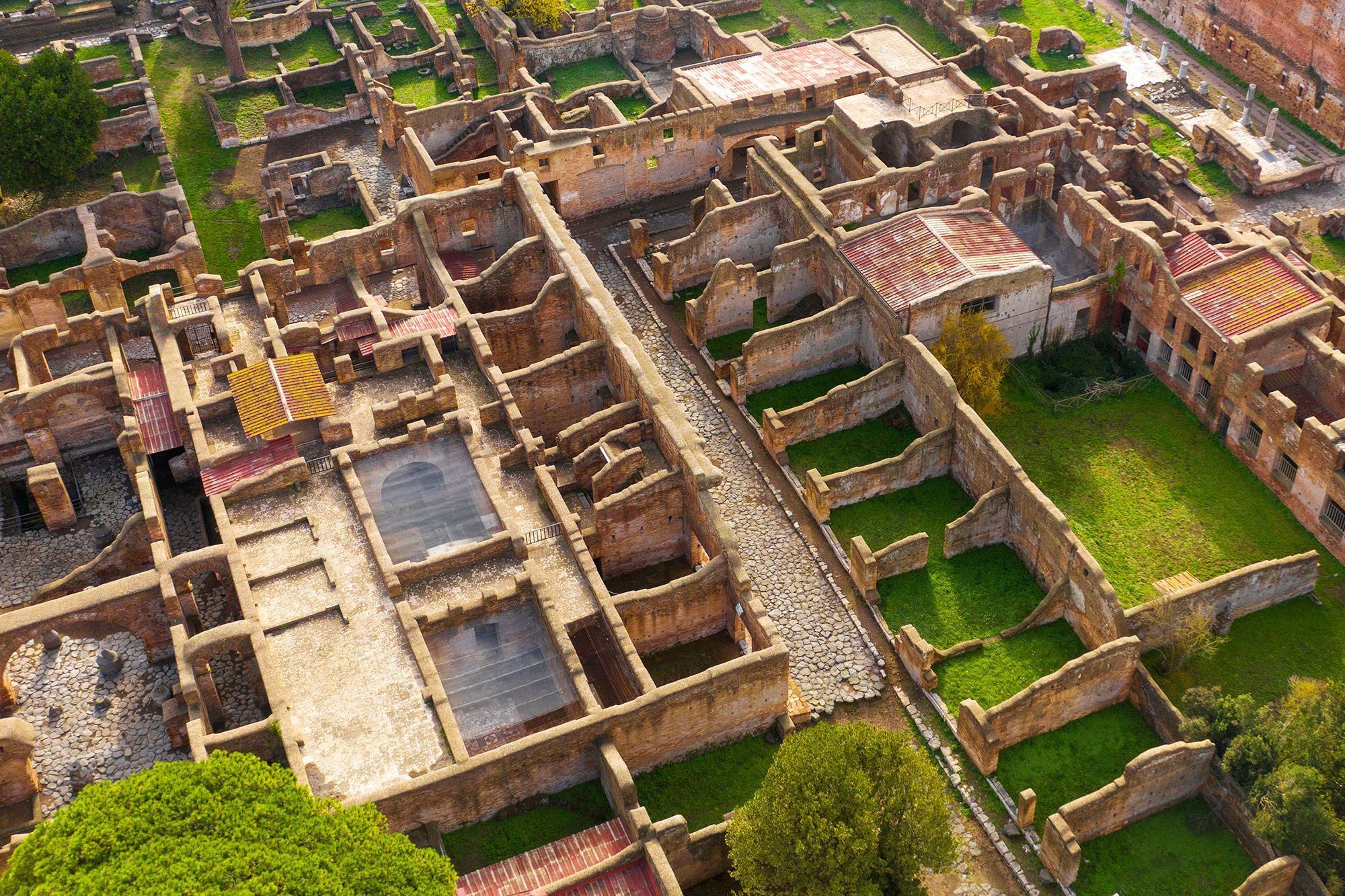 Aerial view of old archaeological ruins in Ostia Antica, Italy.