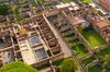 Aerial view of old archaeological ruins in Ostia Antica, Italy.