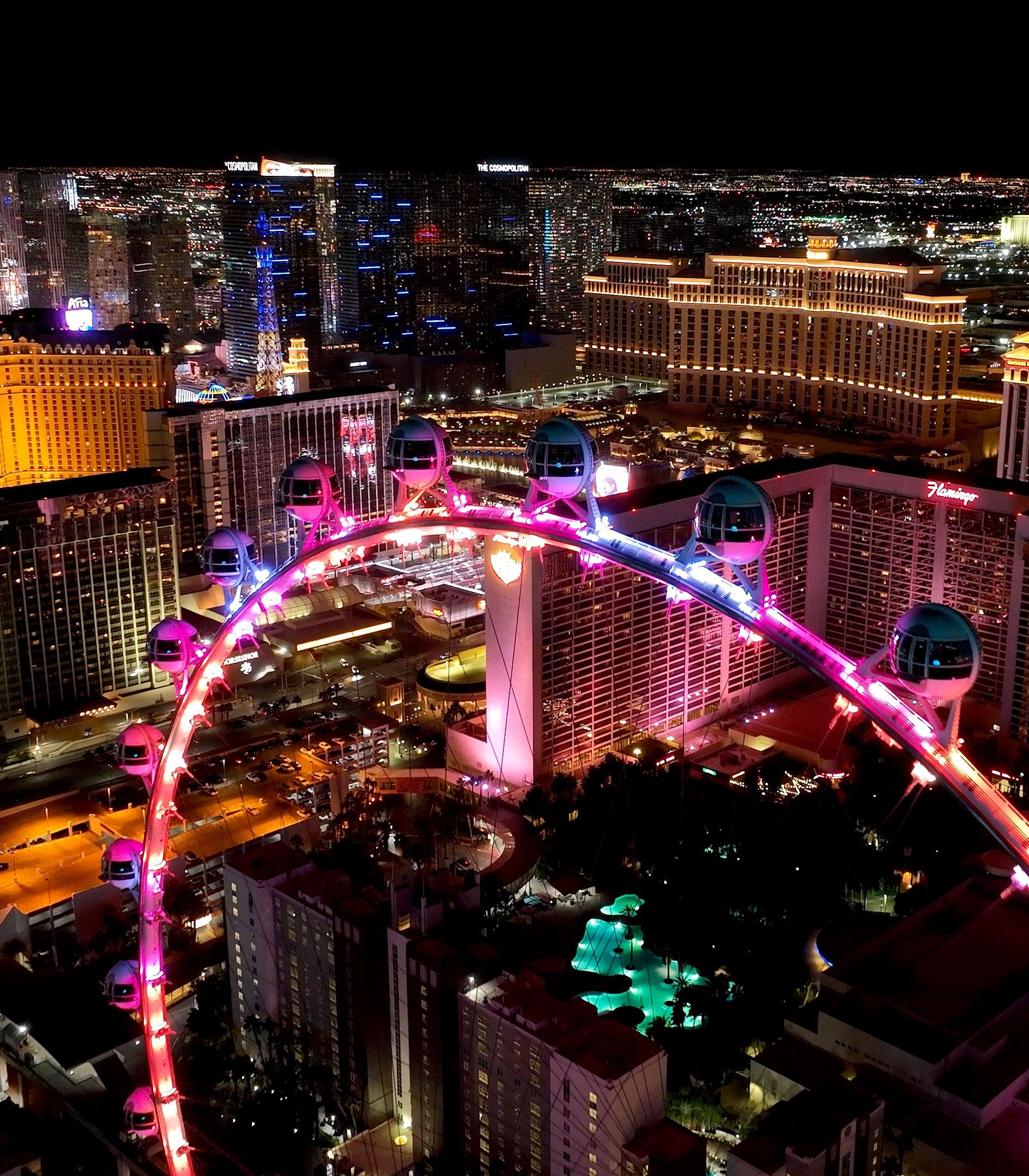 Lighted Ferris wheel above the Las Vegas strip.
