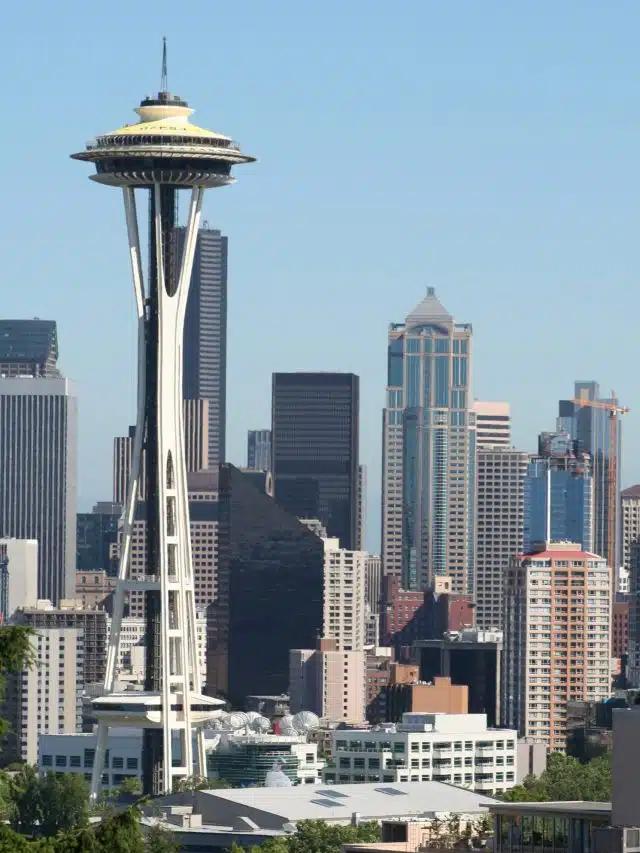 The Space Needle tower stands out in Seattle's skyline