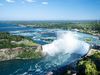 Overhead view of Niagara Falls with cliffs on either side and town in distance.