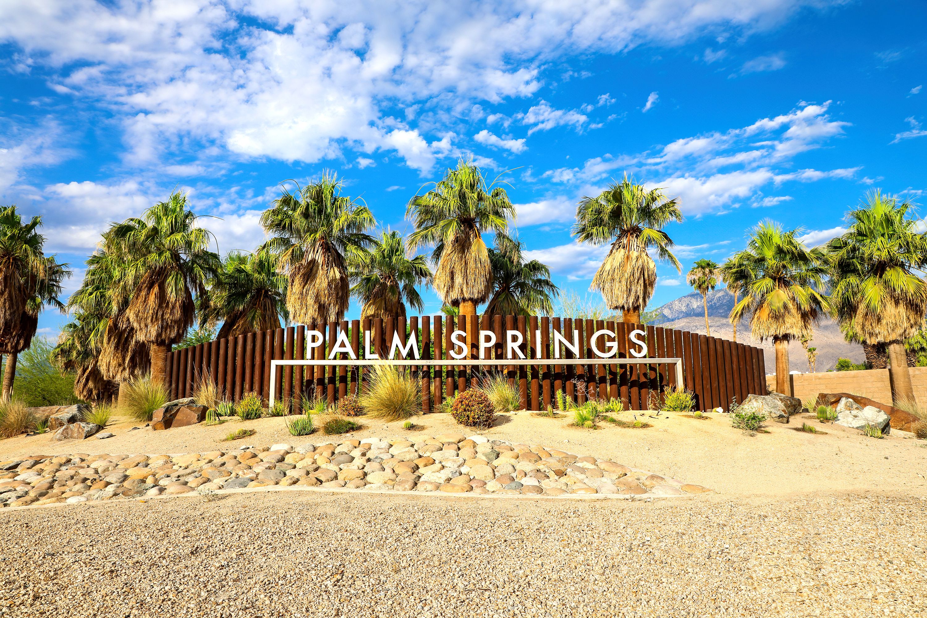 A sign saying "Palm Springs" surrounded by palm trees.