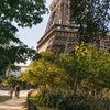 People walk along the tree-lined paths next to the Eiffel Tower in Paris, France