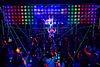 Rainbow lights and performers at the immersive DiscoShow by troupe Spiegelworld in Las Vegas, Nevada