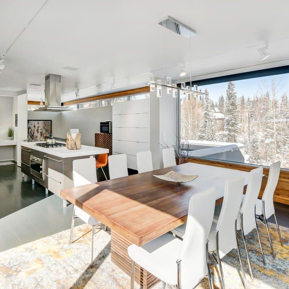 The dining room at a Vrbo rental chalet in Winter Park, Colorado