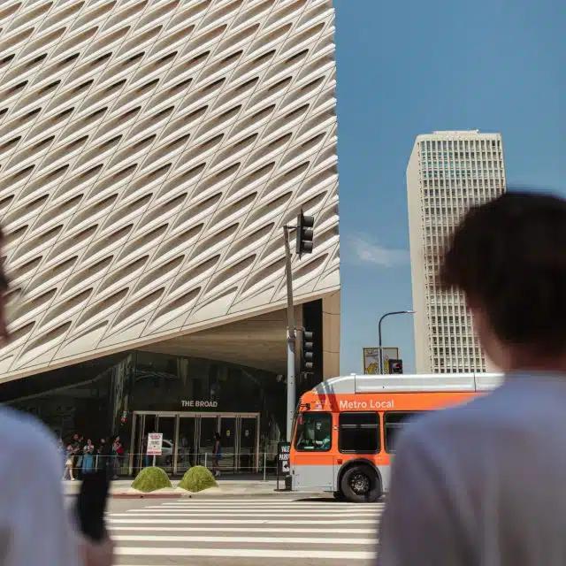 The white sculptural frontage of The Broad, seen from the other side of a crosswalk