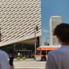 The white sculptural frontage of The Broad, seen from the other side of a crosswalk