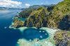 Aerial view of lagoons and limestone cliffs of Palawan, Philippines.
