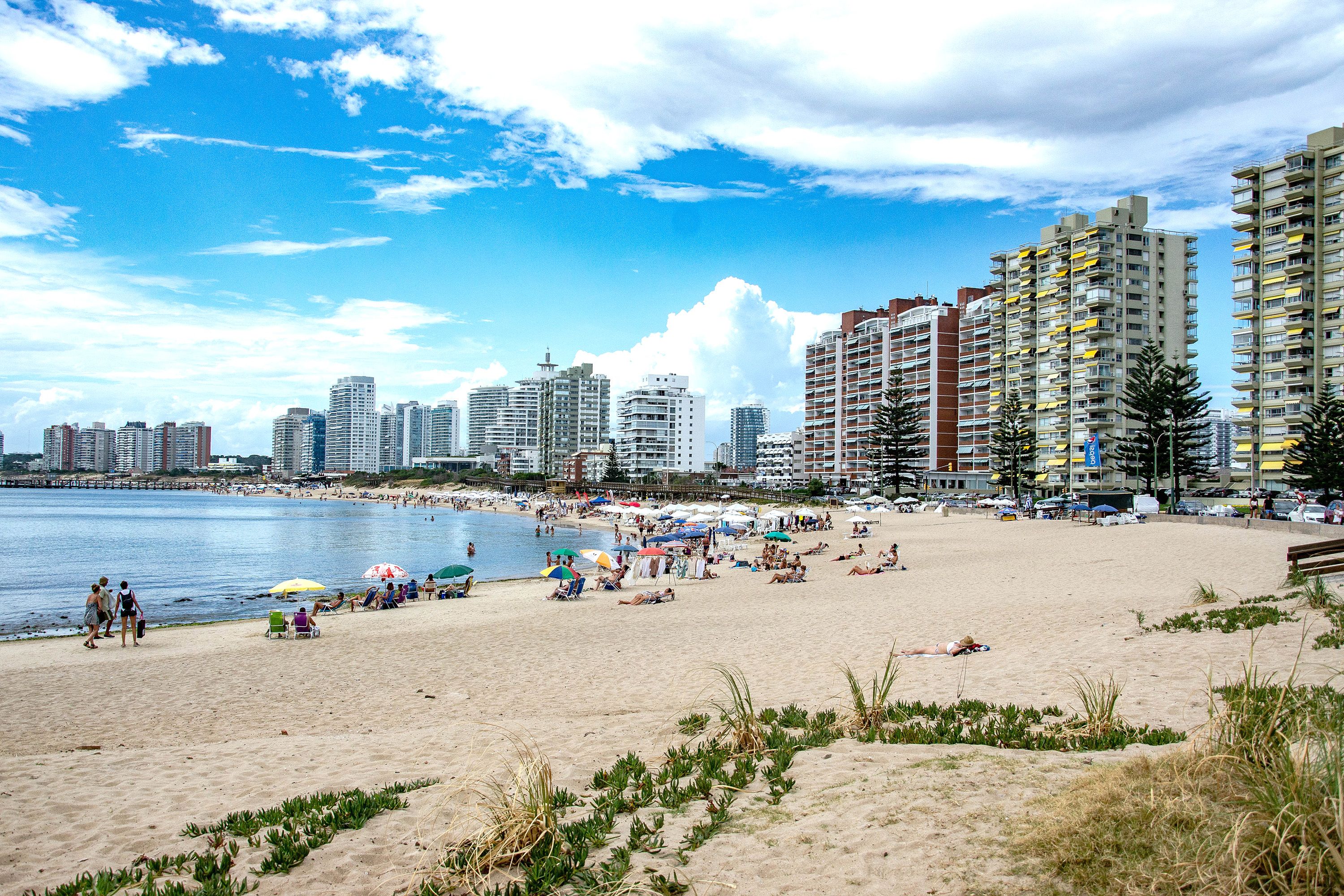 Patrons with shade umbrellas dot a beach surrounded by high rise buildings.