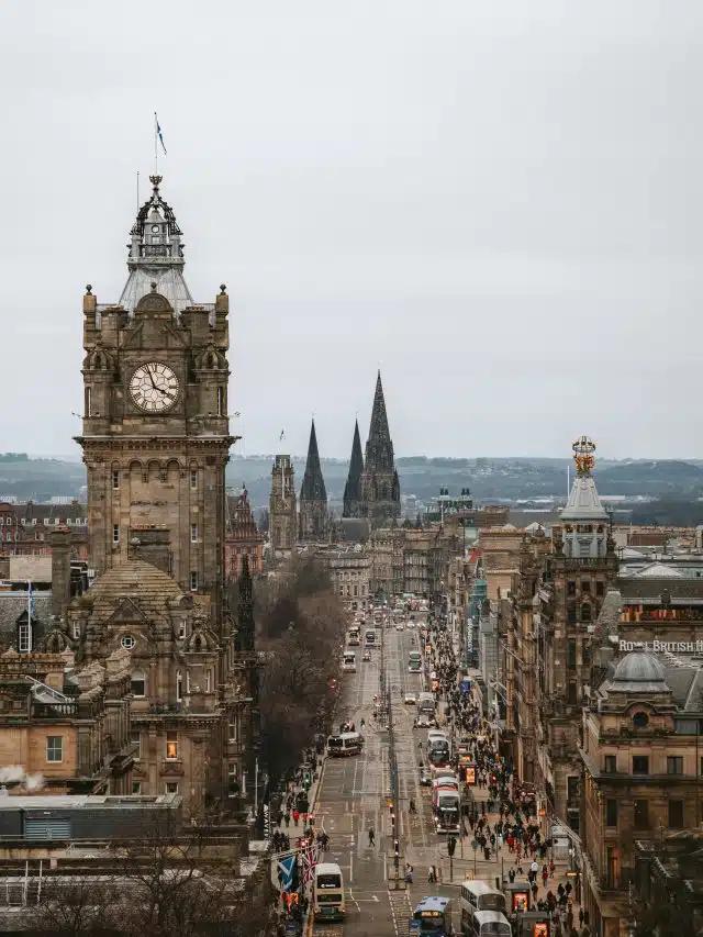 Elevated view of clocktower on Princes Street, Edinburgh's main thoroughfare