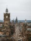 Elevated view of clocktower on Princes Street, Edinburgh's main thoroughfare