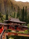 A woman peers over a bridge near the Byodo-In Temple, Kaneho