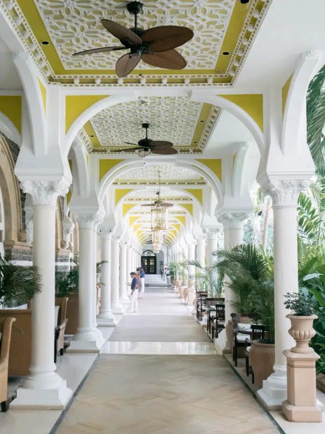 An ornate covered walkway through the Taj Mahal Palace hotel in Mumbai, India