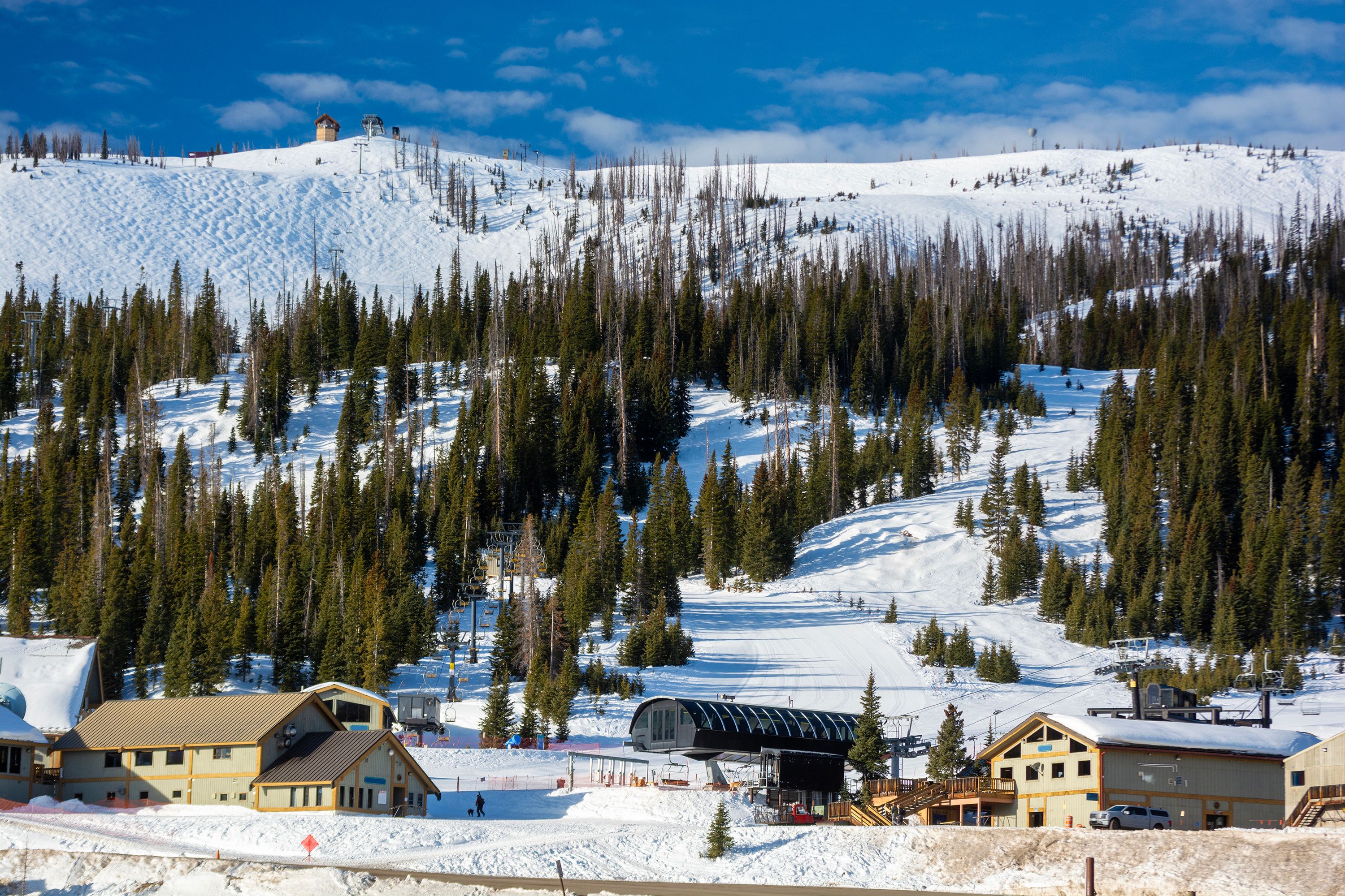 Lodges and lift terminals sit at the base of Wolf Creek, with runs cutting through spruce toward the ridgeline above.