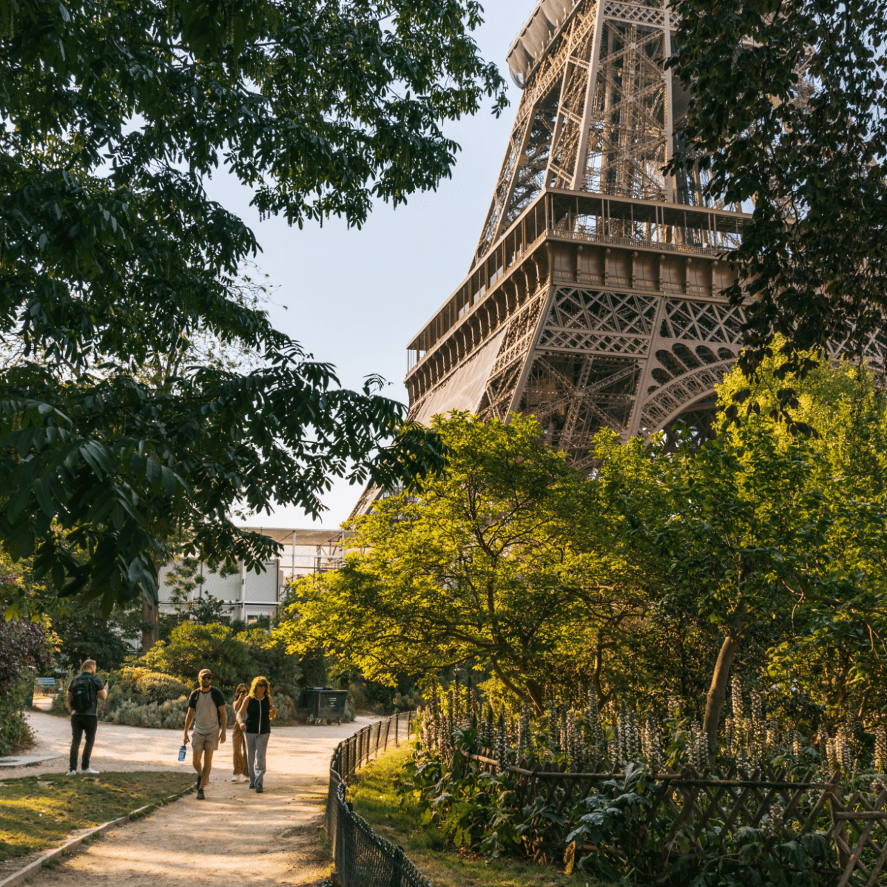 The Eiffel Tower is seen through the trees on a sunny day in Paris, France